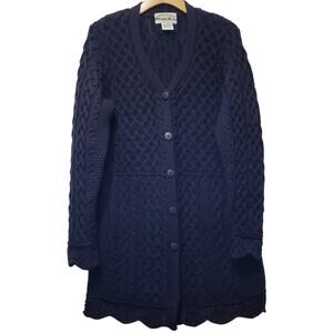 ARAN CRAFTS Merino Wool Cable Knit Long Cardigan Sweater Jacket Women's in Navy